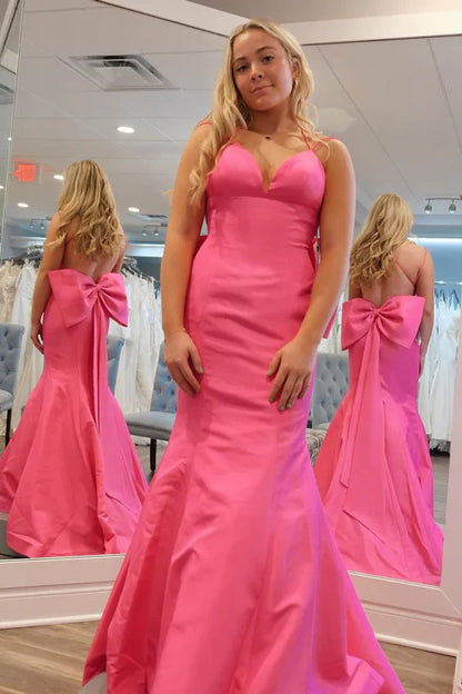 AerbaDress Elegant Pink V Neck Satin Mermaid Long Prom Dresses Fashion Evening Dress