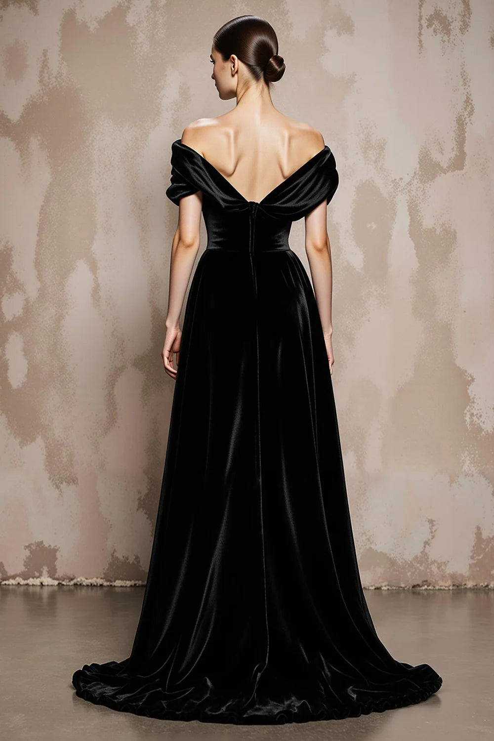 Dignified Black Velvet A Line Off the Shoulder Sweetheart Neckline Backless Elegant Long Formal Dress Hot Sale Evening Dress