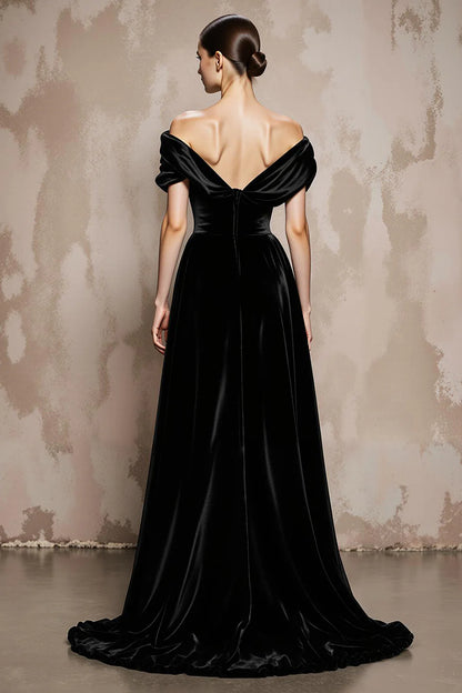 Dignified Black Velvet A Line Off the Shoulder Sweetheart Neckline Backless Elegant Long Formal Dress Hot Sale Evening Dress