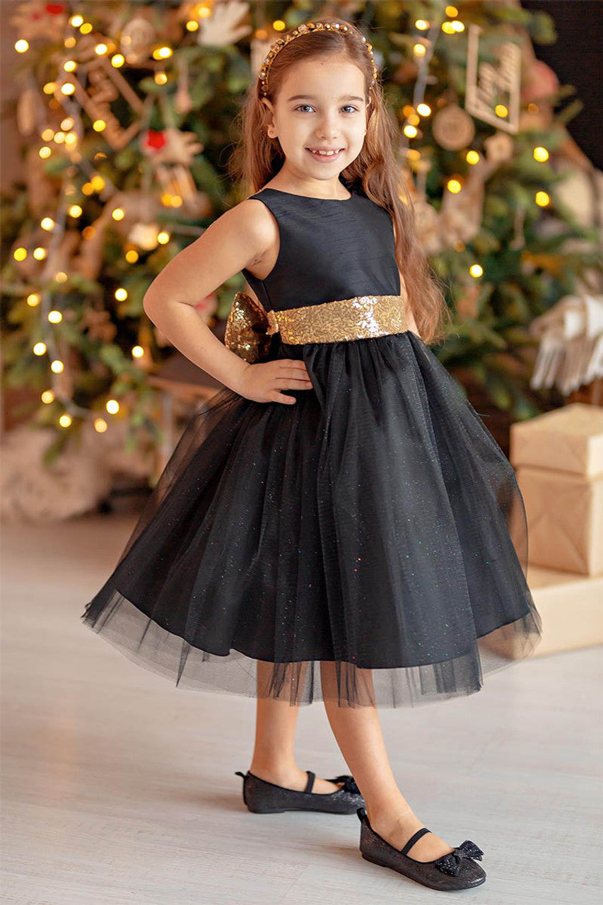 AERBA DRESS Wedding Flower Girl Dresses A Line Sleeveless Tulle Dress Gold Sequins V-Back Bow Princess Dress
