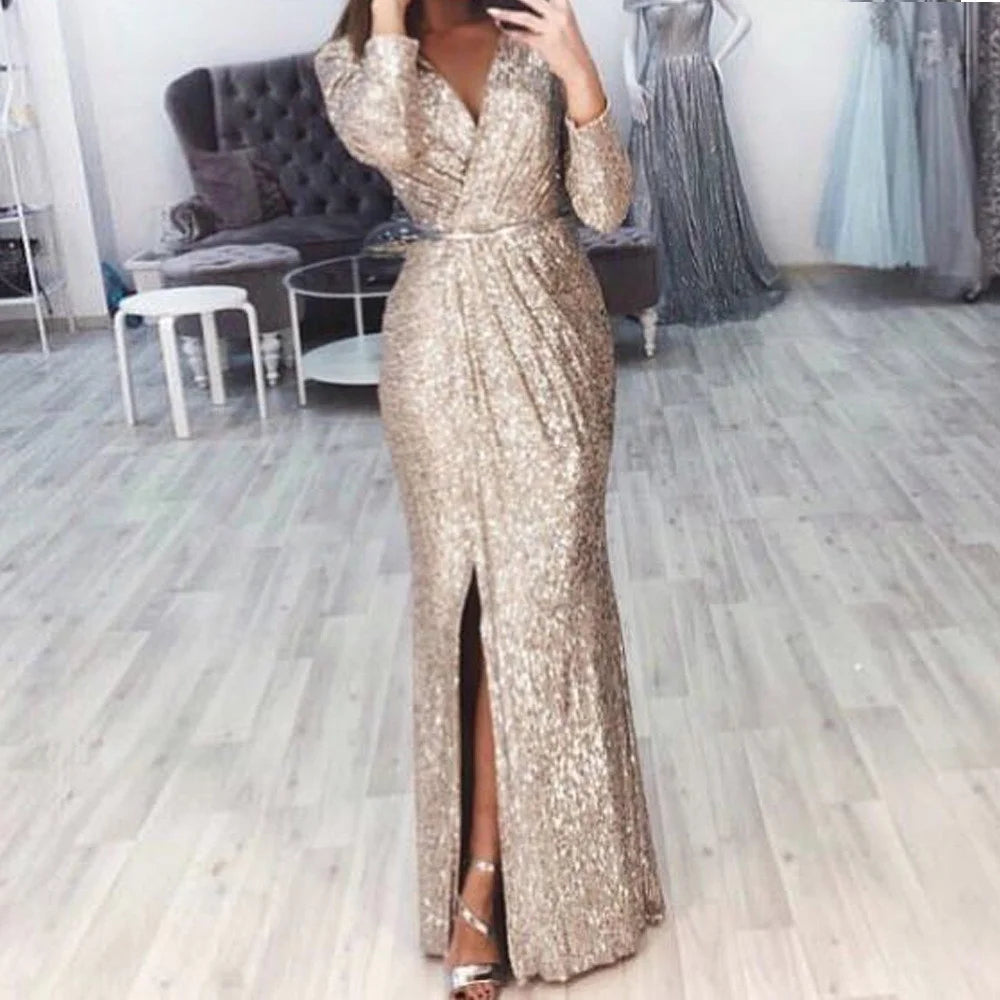 AerbaDress Womens Sequin Evening Dress Wrap V Neck Long Sleeve Side Split Formal Ball Gowns