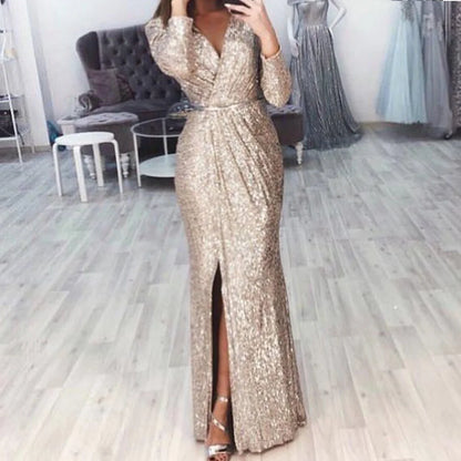 AerbaDress Womens Sequin Evening Dress Wrap V Neck Long Sleeve Side Split Formal Ball Gowns