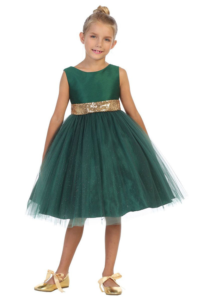AERBA DRESS Wedding Flower Girl Dresses A Line Sleeveless Tulle Dress Gold Sequins V-Back Bow Princess Dress
