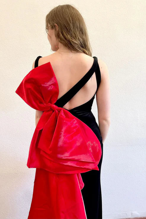 AerbaDress Mermaid Evening Dress V Neck Black Bow Back Long Prom Dresses