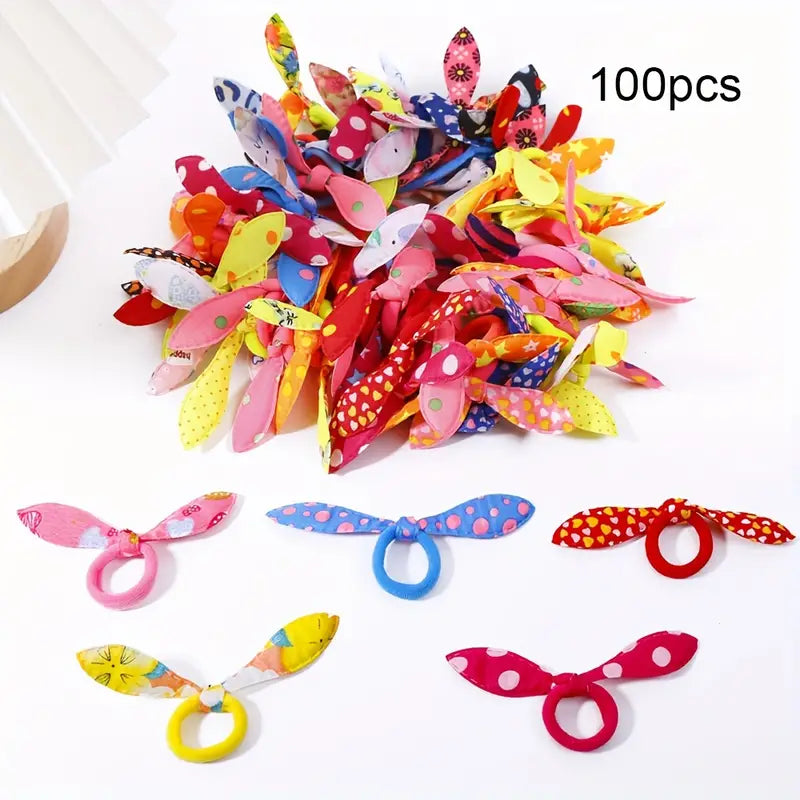 Aerba 100pcs/Pack Rabbit Ears Hair Accessories - Soft Rope with Adorable Design - Vibrant Polka Dot Striped Floral Print Fabric for Kids and Toddlers