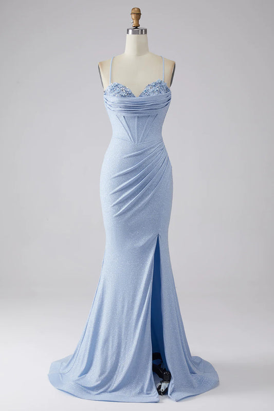AerbaDress Light Blue Sparkly Mermaid Prom Dress with Slit