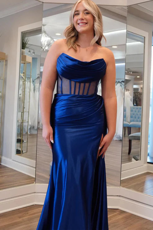 AerbaDress Mermaid Evening Dress Strapless Navy Blue Satin Long Prom Dresses
