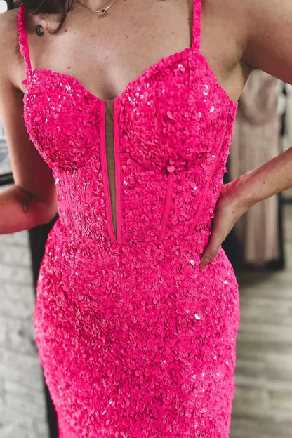 AerbaDress Sparkly Fuchsia Evening Dress Corset Sequins Long Mermaid Prom Dresses