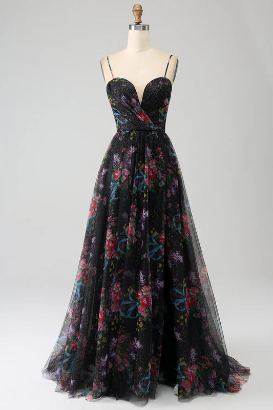 AerbaDress Black Printed Spaghetti Straps A Line Prom Dress with Slit
