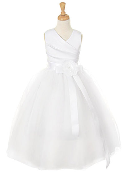AERBA DRESS Wedding Flower Girl Dresses A Line Pleated Sleeveless V-Neck Tulle Skirt Dress Detachable Sash Flower Princess Dress