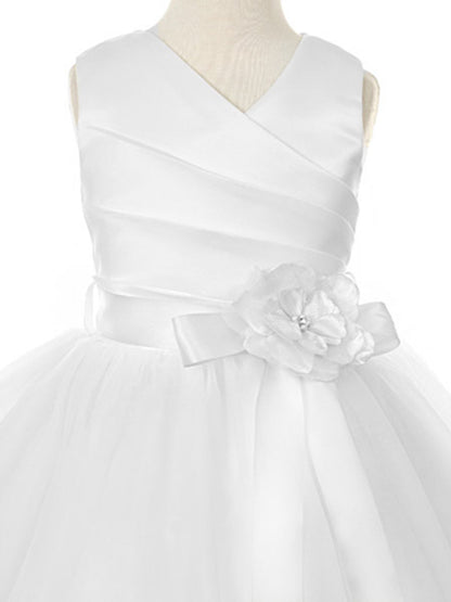 AERBA DRESS Wedding Flower Girl Dresses A Line Pleated Sleeveless V-Neck Tulle Skirt Dress Detachable Sash Flower Princess Dress