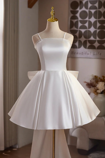 Exquisite White Satin A-Line Spaghetti Strap Ruched Hem Backless with Bow Cute Short Prom Dresses Formal Graduation Dress Homecoming Dresses