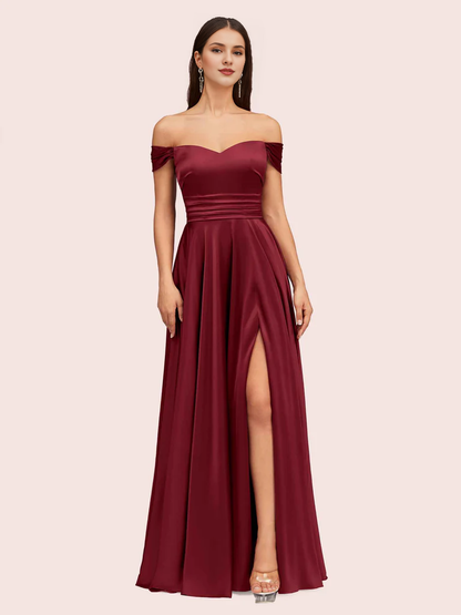 AerbaDress A-Line Satin Bridesmaid Dresses Sexy Off Shoulder Side Slit Online