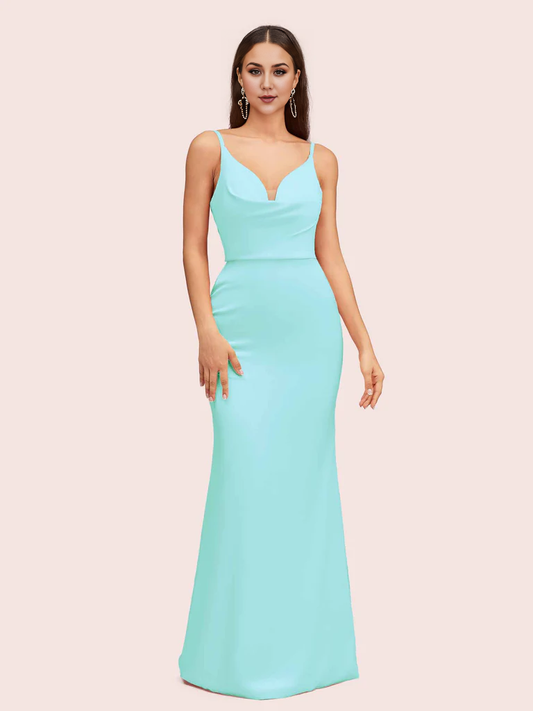 AerbaDress Mermaid Bridesmaid Dresses Spaghetti Straps V-Neck Open Back Soft Satin