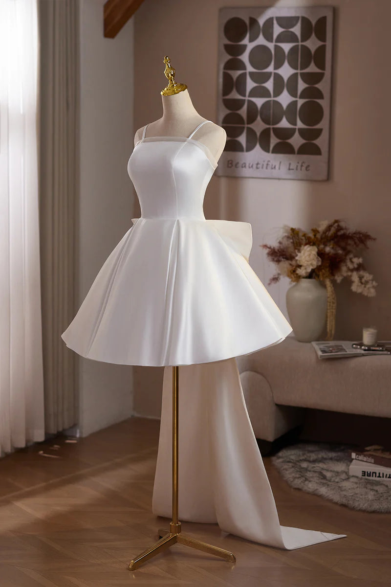 Exquisite White Satin A-Line Spaghetti Strap Ruched Hem Backless with Bow Cute Short Prom Dresses Formal Graduation Dress Homecoming Dresses