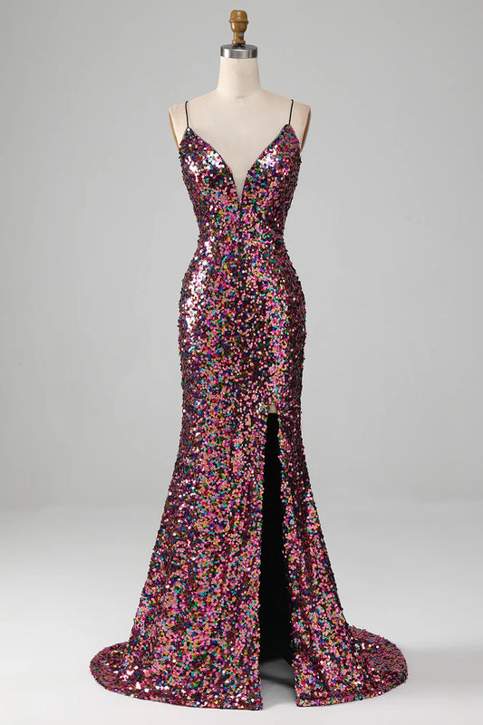 AerbaDress Purple Mermaid Sparkly Prom Dress with Slit