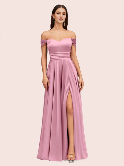 AerbaDress A-Line Satin Bridesmaid Dresses Sexy Off Shoulder Side Slit Online