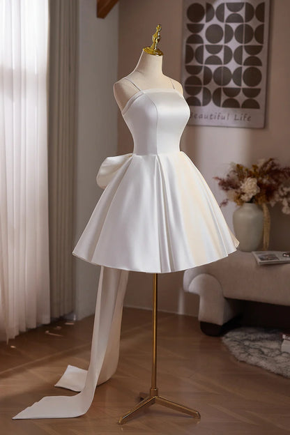 Exquisite White Satin A-Line Spaghetti Strap Ruched Hem Backless with Bow Cute Short Prom Dresses Formal Graduation Dress Homecoming Dresses