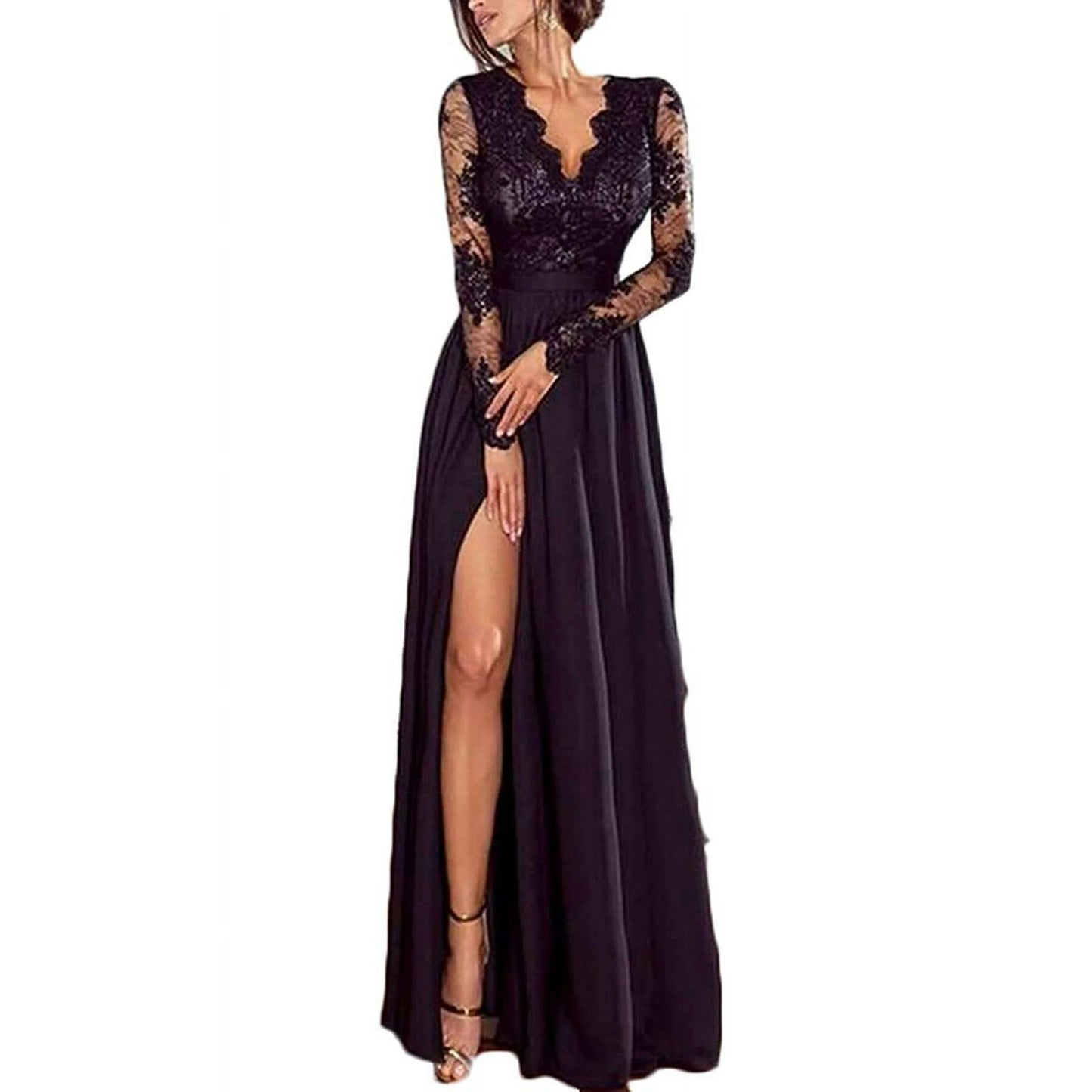 AerbaDress Elegant Women Lace Sleeve Maxi Dress Evening Party Gowns Formal Cocktail Wedding Dress