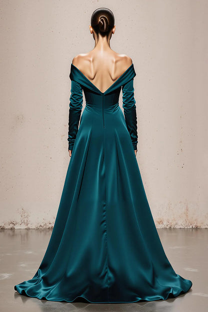 High Grade Peacock Green Satin Mermaid Off the Shoulder V Neck Long Sleeves Backless Exquisite Long Formal Dress Hot Sale Evening Dress