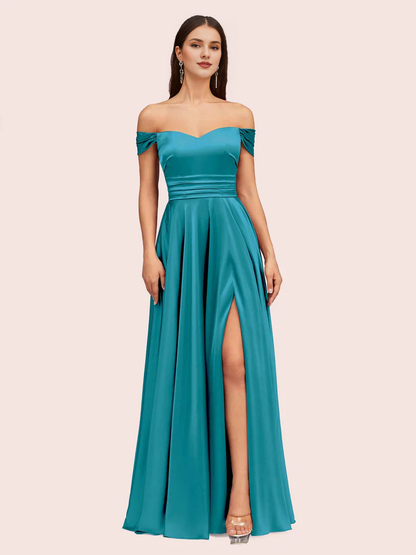 AerbaDress A-Line Satin Bridesmaid Dresses Sexy Off Shoulder Side Slit Online