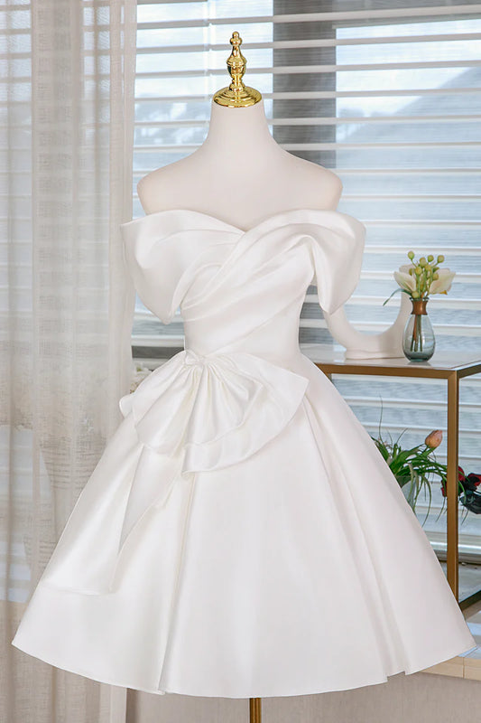 Fashion White Satin A-Line Off the Shoulder Sweetheart Neckline Pleated Bow Lovely Short Prom Dresses Formal Graduation Dress Homecoming Dresses