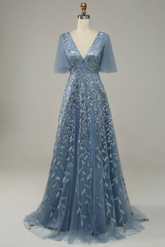 AERBA DRESS Formal Wear Dresses Exquisite V Neck Flowing Sleeves Tulle Embroidered Leaves Prom Dress
