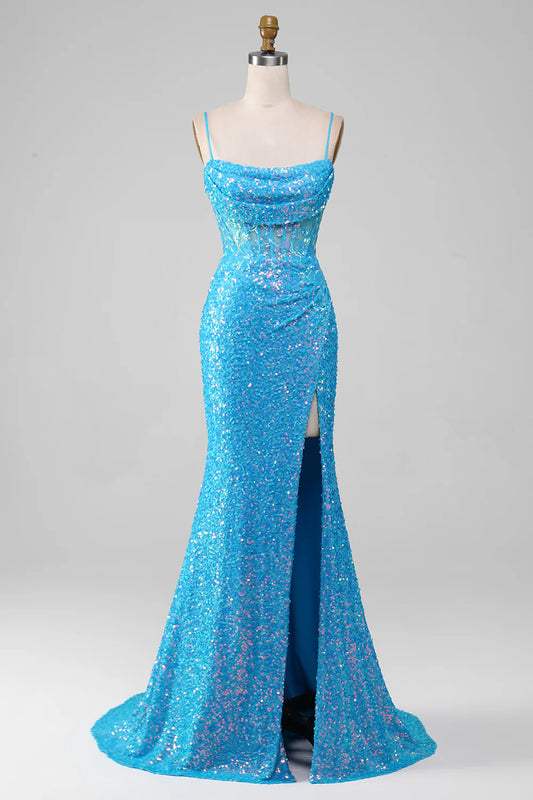 AerbaDress Spaghetti Straps Blue Sparkly Corset Prom Dress with Slit