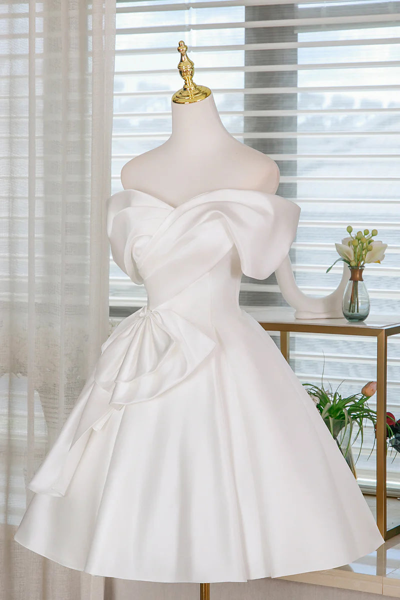 Fashion White Satin A-Line Off the Shoulder Sweetheart Neckline Pleated Bow Lovely Short Prom Dresses Formal Graduation Dress Homecoming Dresses