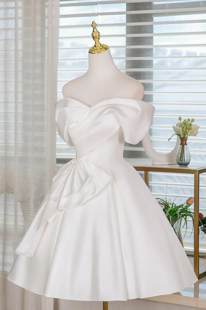 Fashion White Satin A-Line Off the Shoulder Sweetheart Neckline Pleated Bow Lovely Short Prom Dresses Formal Graduation Dress Homecoming Dresses