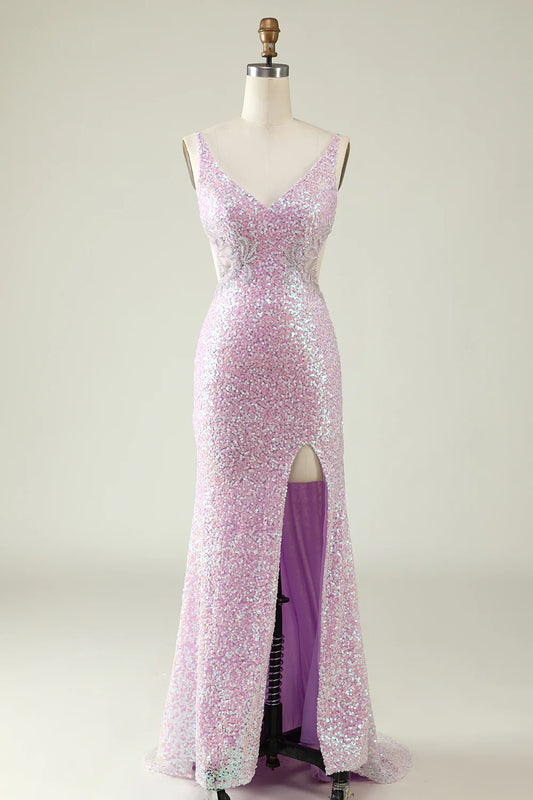 AerbaDress Sheath V Neck Lilac Sequins Long Prom Dress with Split Front