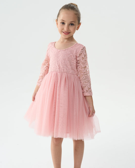 AERBA DRESS Wedding Flower Girl Dresses A-Line Round Neck Long Sleeves Lace Tutu Tulle Party Dress