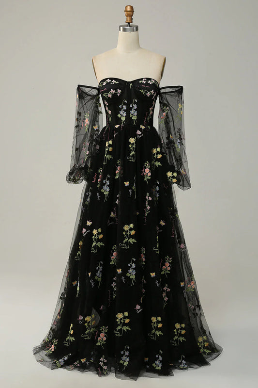 AerbaDress A Line Off The Shoulder Long Sleeves Champagne Tull Prom Dress with Embroidery