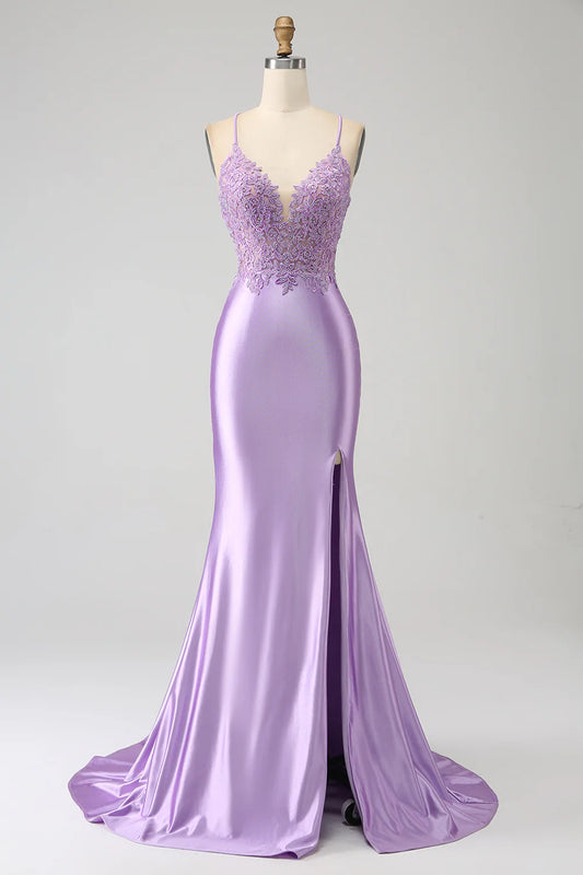 AerbaDress Stylish Mermaid Spaghetti Straps Lilac Long Prom Dress with Appliques Slit