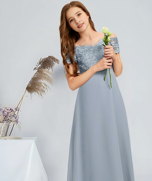 Girls' Formal Dress Exquisite A-line Cold Shoulder Floor-Length Chiffon Lace Wedding Guest Communion Dress Hot Sale Junior Bridesmaid Dress