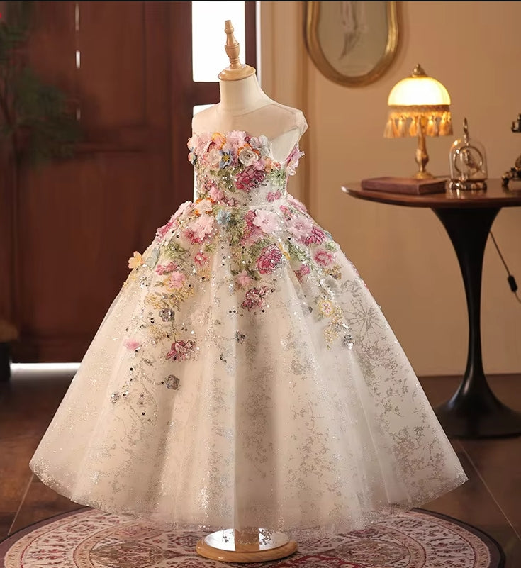 AERBA DRESS Wedding Flower Girl Dress Lace Flowers Sleeveless Princess Toddler Kids Wedding 1st Birthday Pageant Party Gown