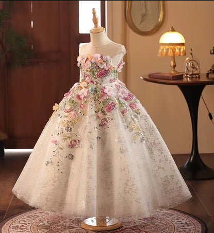 AERBA DRESS Wedding Flower Girl Dress Lace Flowers Sleeveless Princess Toddler Kids Wedding 1st Birthday Pageant Party Gown