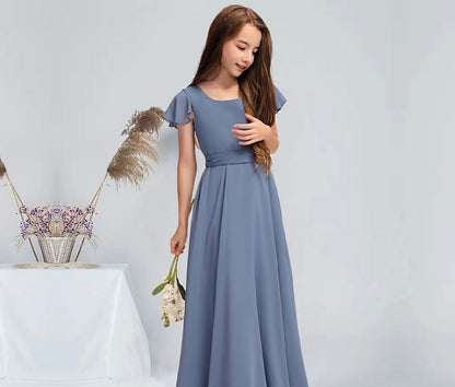 Girls' Formal Dress A-Line Square Neck Flowy Sleeve Floor-Length Chiffon Communion Dress Hot Sale Junior Bridesmaid Dress