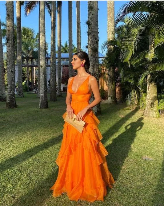 AERBA DRESS Prom Dress A Line V Neck Sleeveless Tulle Ruffles Mid Waist Long Romantic Fantastic Formal Wear Dresses
