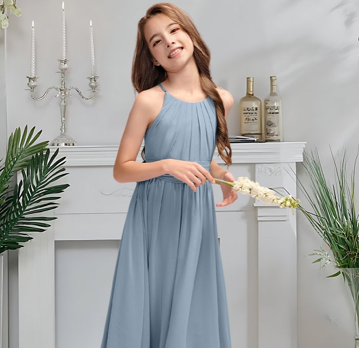 Girls' Formal Dress Graceful A Line Halter Neck Asymmetrical Ruffled Backless Simple Hot Sale Junior Bridesmaid Dress