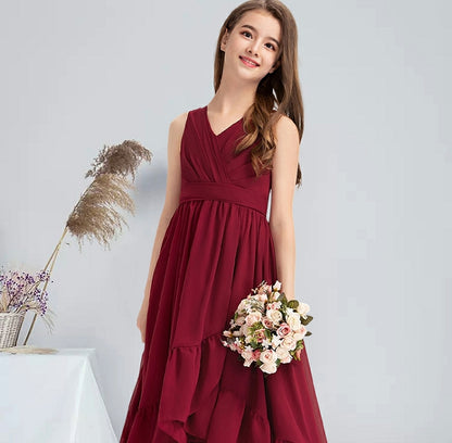 Exquisite A-line V-Neck Sleeveless Asymmetrical Chiffon Pleated Girl Party Communion Guest Dresses Junior Bridesmaid Dress