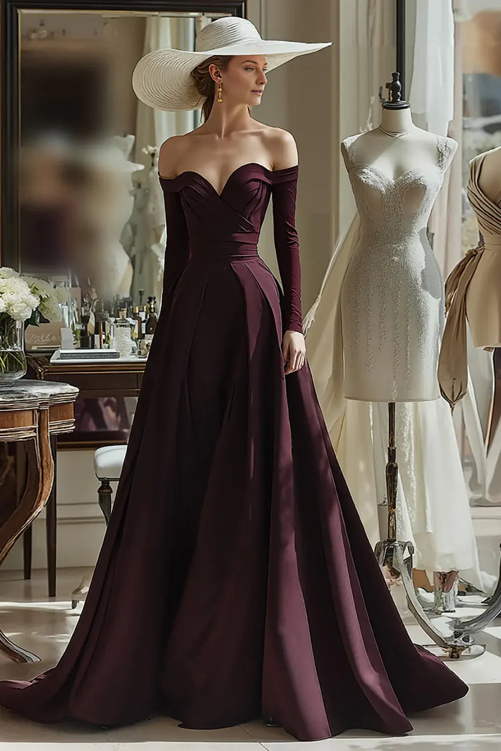 Elegant Cabernet Satin A Line Off the Shoulder Sweetheart Neckline Pleated Backless Long Sleeves Gorgeous Long Formal Dress Hot Sale Evening Dress