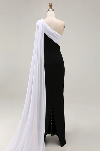 Black White Satin Sheath One Shoulder with Side Cape Pleated Fashion Long Formal Dress Hot Sale Evening Dress