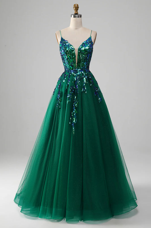 AerbaDress Tulle Spaghetti Straps Dark Green Prom Dress with Sequins
