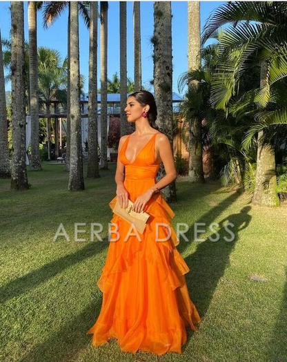 AERBA DRESS Prom Dress A Line V Neck Sleeveless Tulle Ruffles Mid Waist Long Romantic Fantastic Formal Wear Dresses
