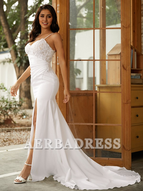 AERBA DRESS Mermaid Sheath/Column Stretch Crepe Lace V-neck Sleeveless Sweep/Brush Train Wedding Dresses Elegant Evening dress
