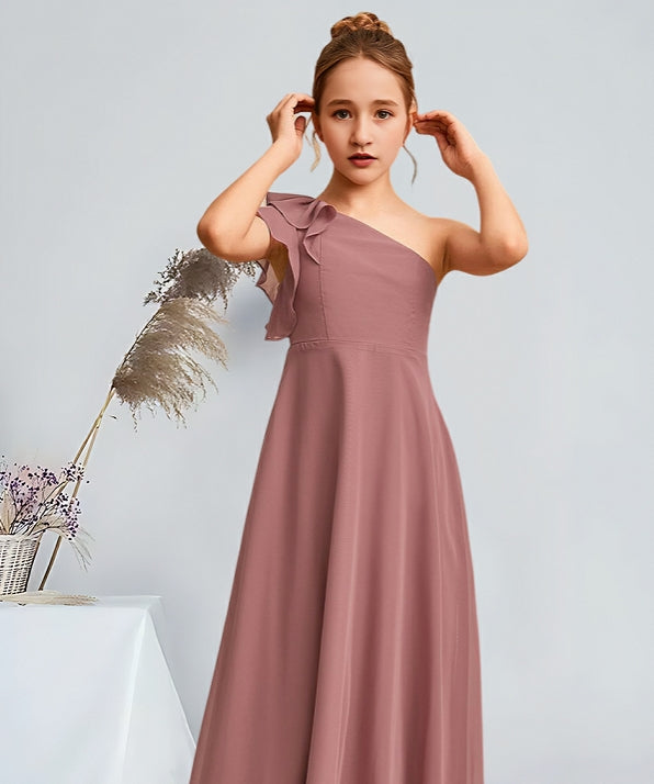Girls' Formal Dress Elegant A-Line One Shoulder Floor-Length Stunning Party Wedding Guest Dress Hot Sale Junior Bridesmaid Dress