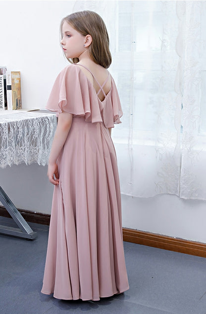 Girls' Formal Dress Elegant A Line V Neck Flowy Sleeves Long Chiffon Pleats Birthday Party Gowns Hot Sale Junior Bridesmaid Dress