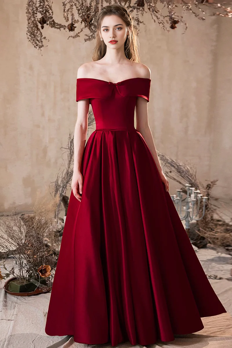Burgundy Satin A-Line Off the Shoulder Sleeveless Ruched Hem Elegant Long Prom Dresses Formal Graduation Dress Evening Dresses
