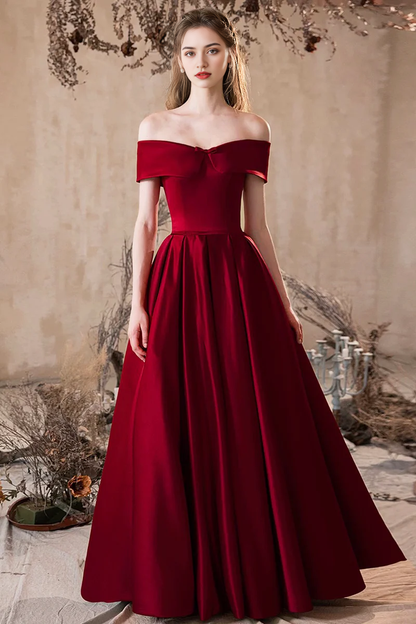 Burgundy Satin A-Line Off the Shoulder Sleeveless Ruched Hem Elegant Long Prom Dresses Formal Graduation Dress Evening Dresses